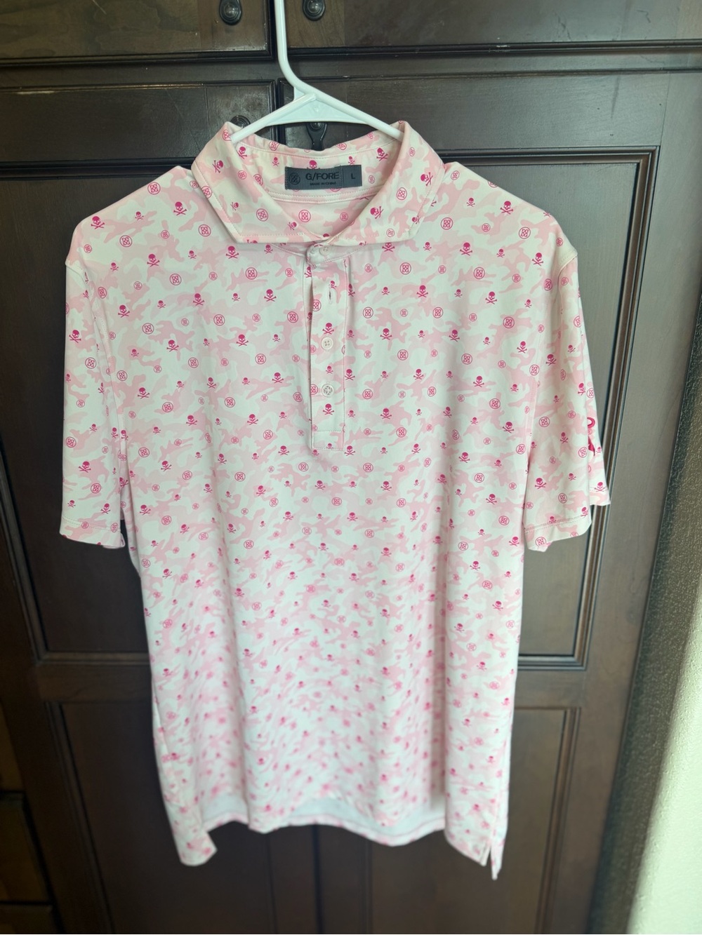 G/FORE Men's Mapped Icon Camo Golf Polo Shirt Pink Skull Size Large L Tech